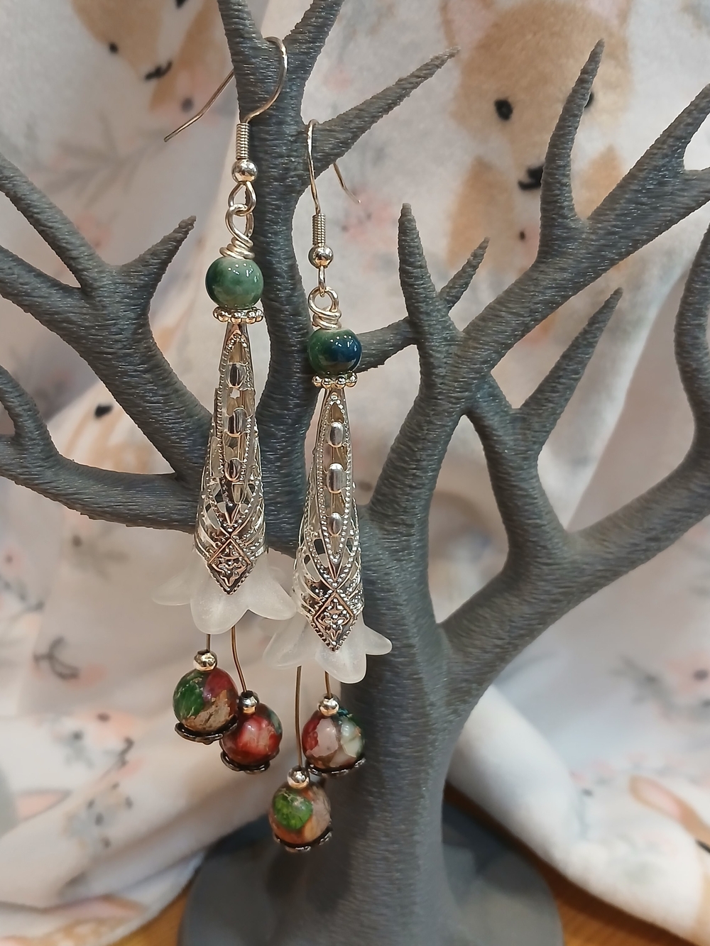 Handmade Green Multicolor Bead Filigree Drop Earrings